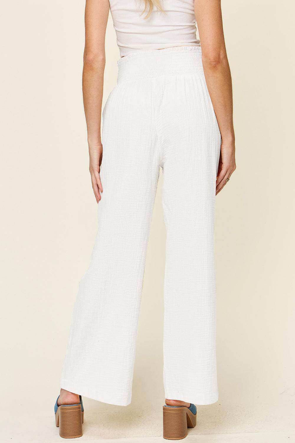 Double Take Full Size Texture Smocked Waist Wide Leg Pants For Women - Selvanelle