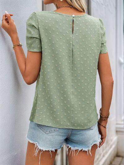 Perfee Swiss Dot Round Neck Petal Sleeve Blouse for Women - Selvanelle
