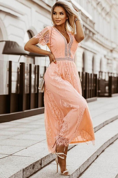 Scalloped Trim Lace Plunge Dress for Elegant Occasions - Selvanelle