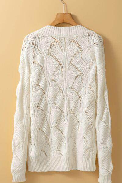 Openwork V-Neck Long Sleeve Sweater for Women Fashion - Selvanelle