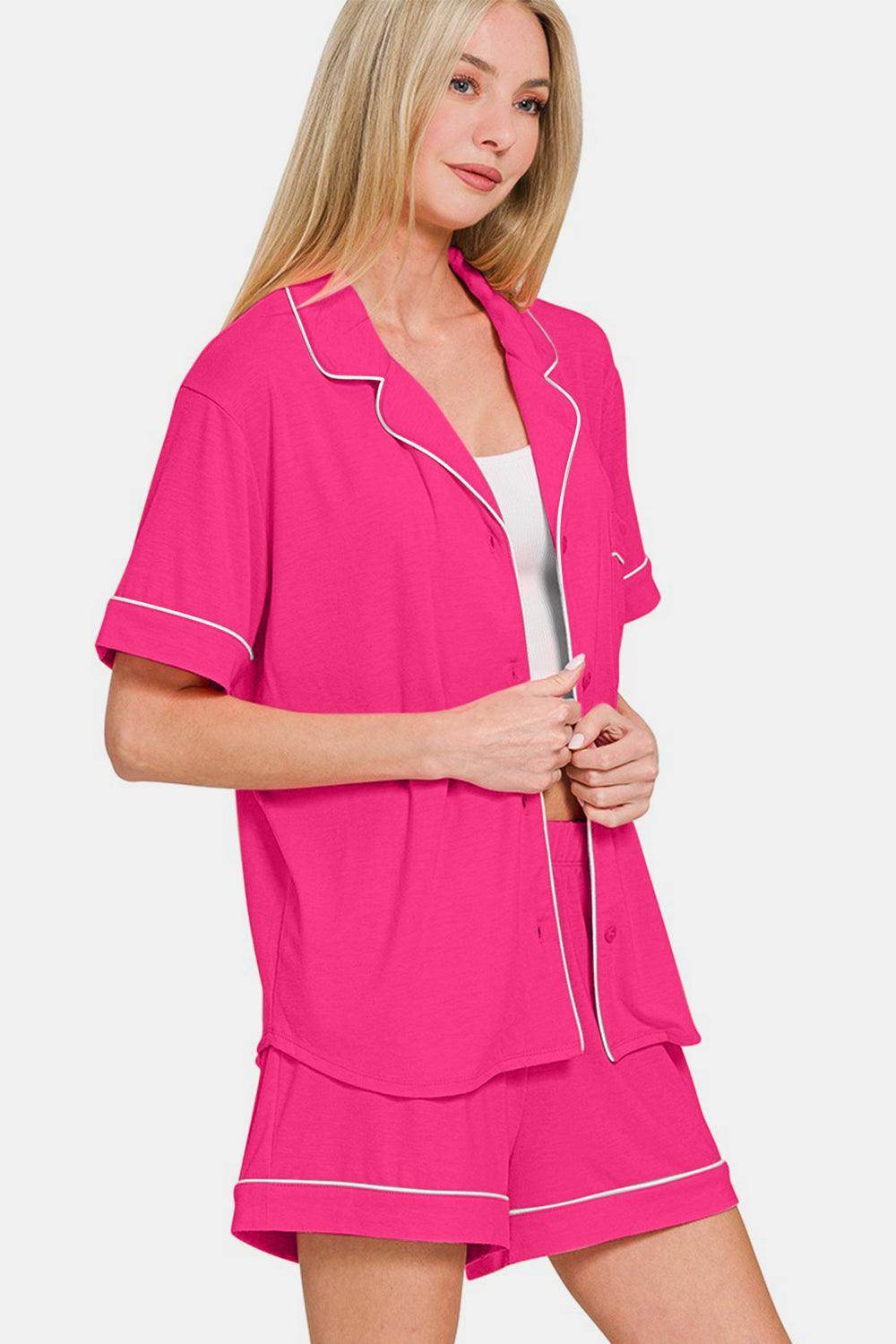 Zenana Button Down Short Sleeve Top and Shorts Lounge Set - Selvanelle
