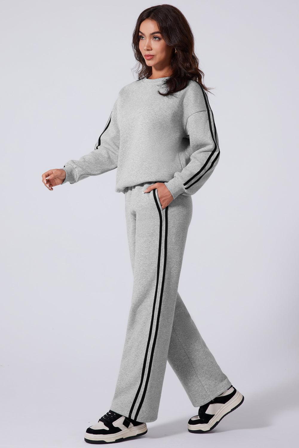 Side Striped Round Neck Top and Pants Active Set for Women