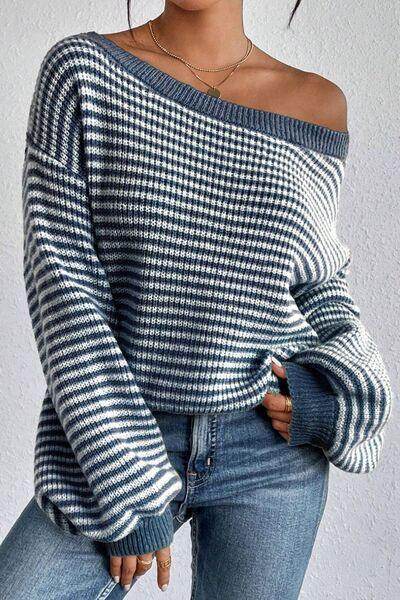 Striped Boat Neck Long Sleeve Sweater for Women Fashion - Selvanelle