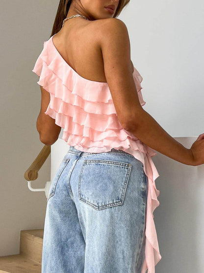 Layered Ruffled One Shoulder Tank for Stylish Women - Selvanelle