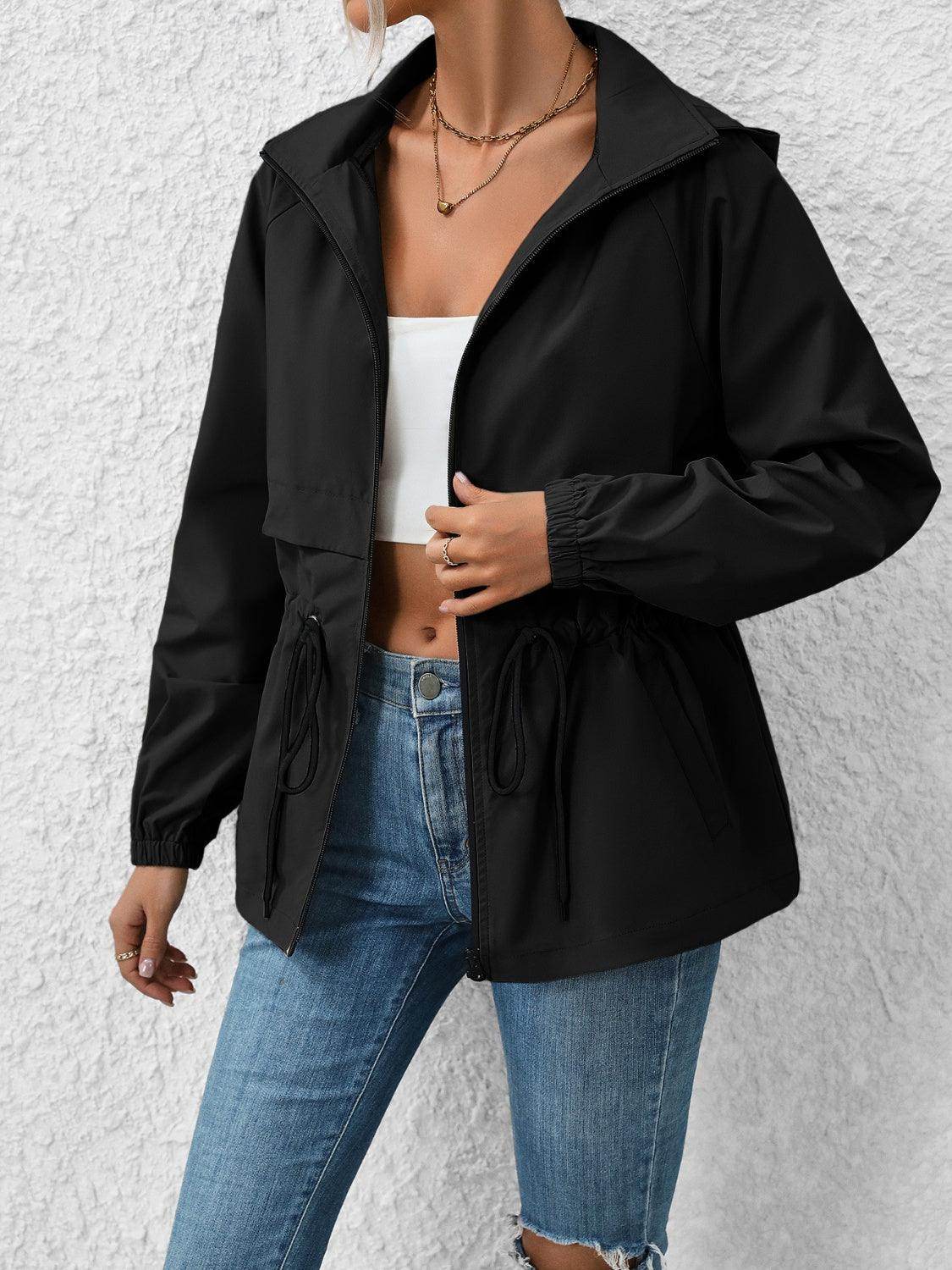 Ivy Lane Drawstring Zip Up Hooded Jacket for Women - Selvanelle