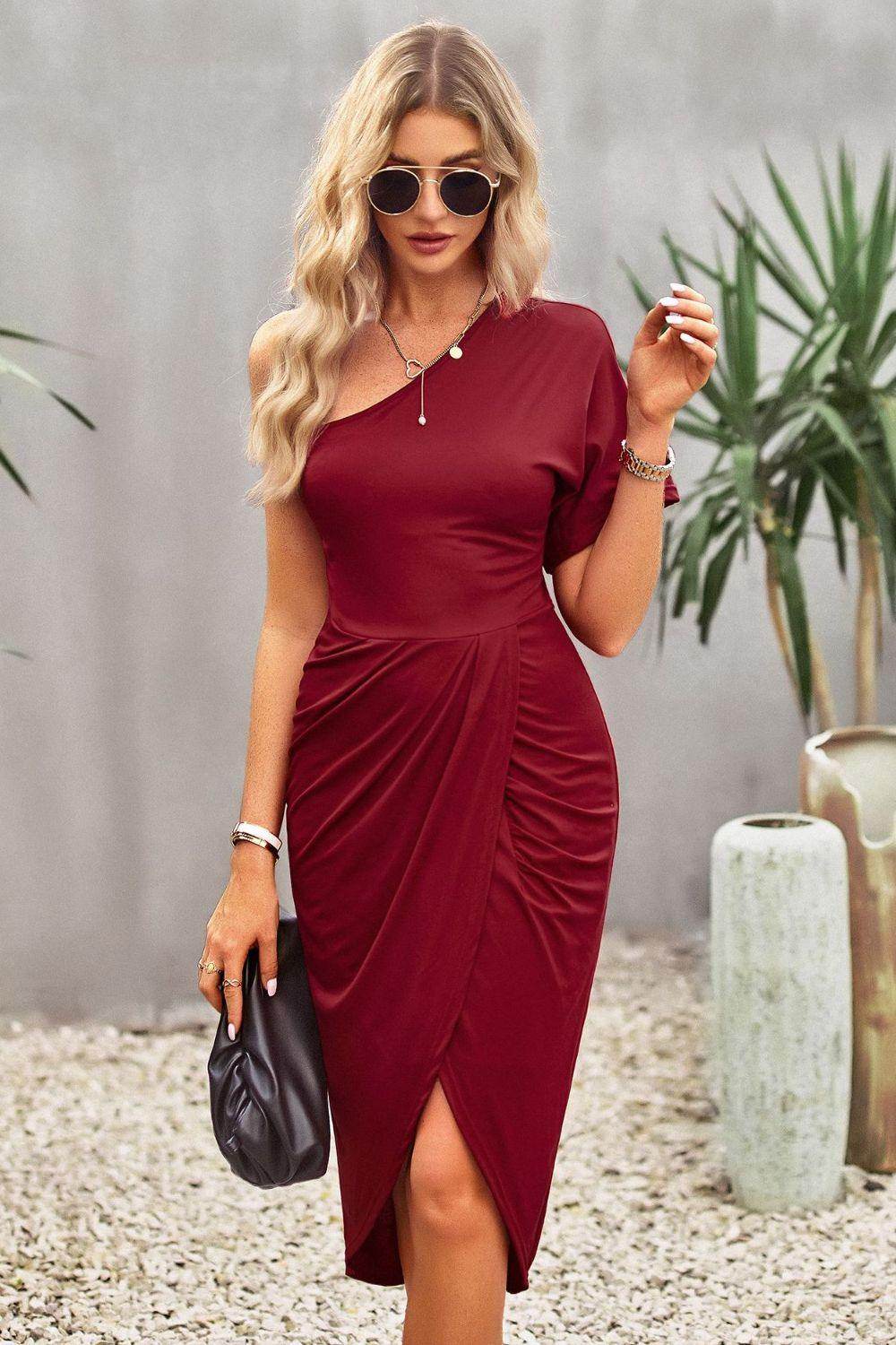Devine Ruched One-Shoulder Tulip Hem Dress for Women - Selvanelle
