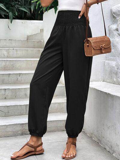 Smocked High Rise Joggers with Pockets for Women - Selvanelle