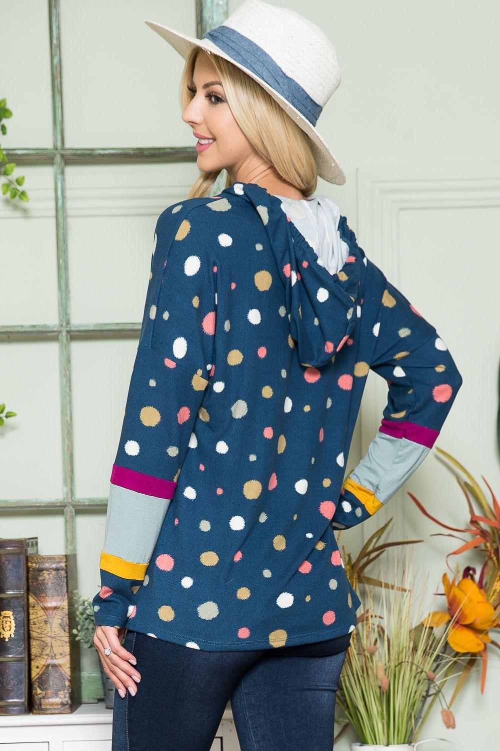 Celeste Full Size Polka Dot Drawstring Hoodie for Women