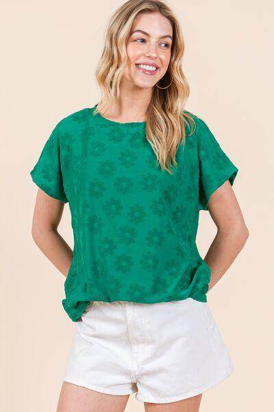 BOMBOM Textured Floral Pattern Short Sleeve T-Shirt for Women - Selvanelle