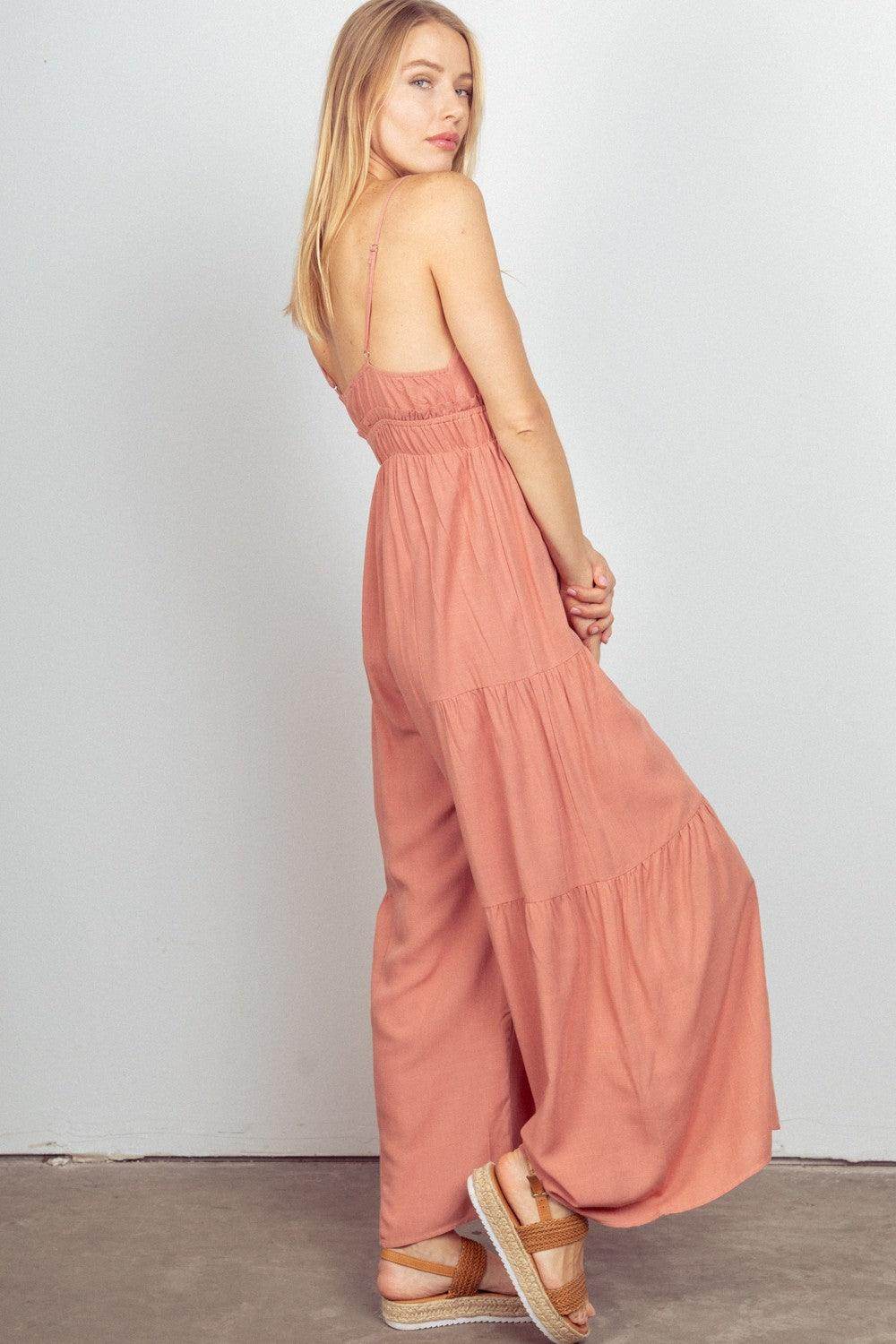 Very J Sleeveless Ruched Wide Leg Jumpsuit for Women - Selvanelle