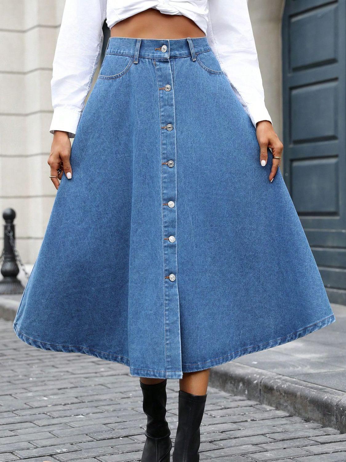 Buttoned Midi Denim Skirt with Pockets for Stylish Comfort