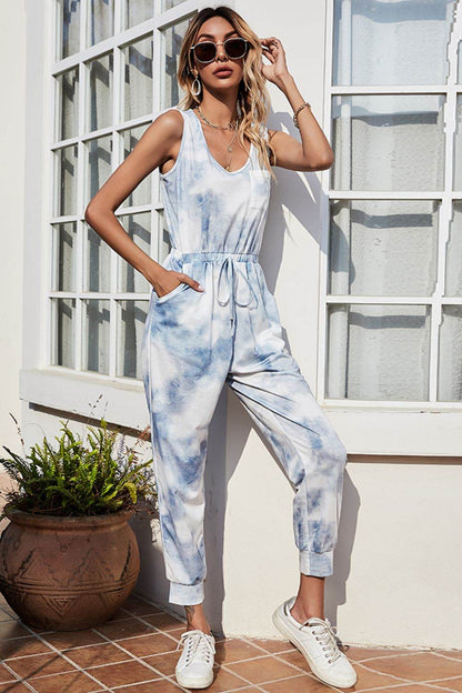 Shiny Tie-Dye Sleeveless Jumpsuit with Pockets - Selvanelle