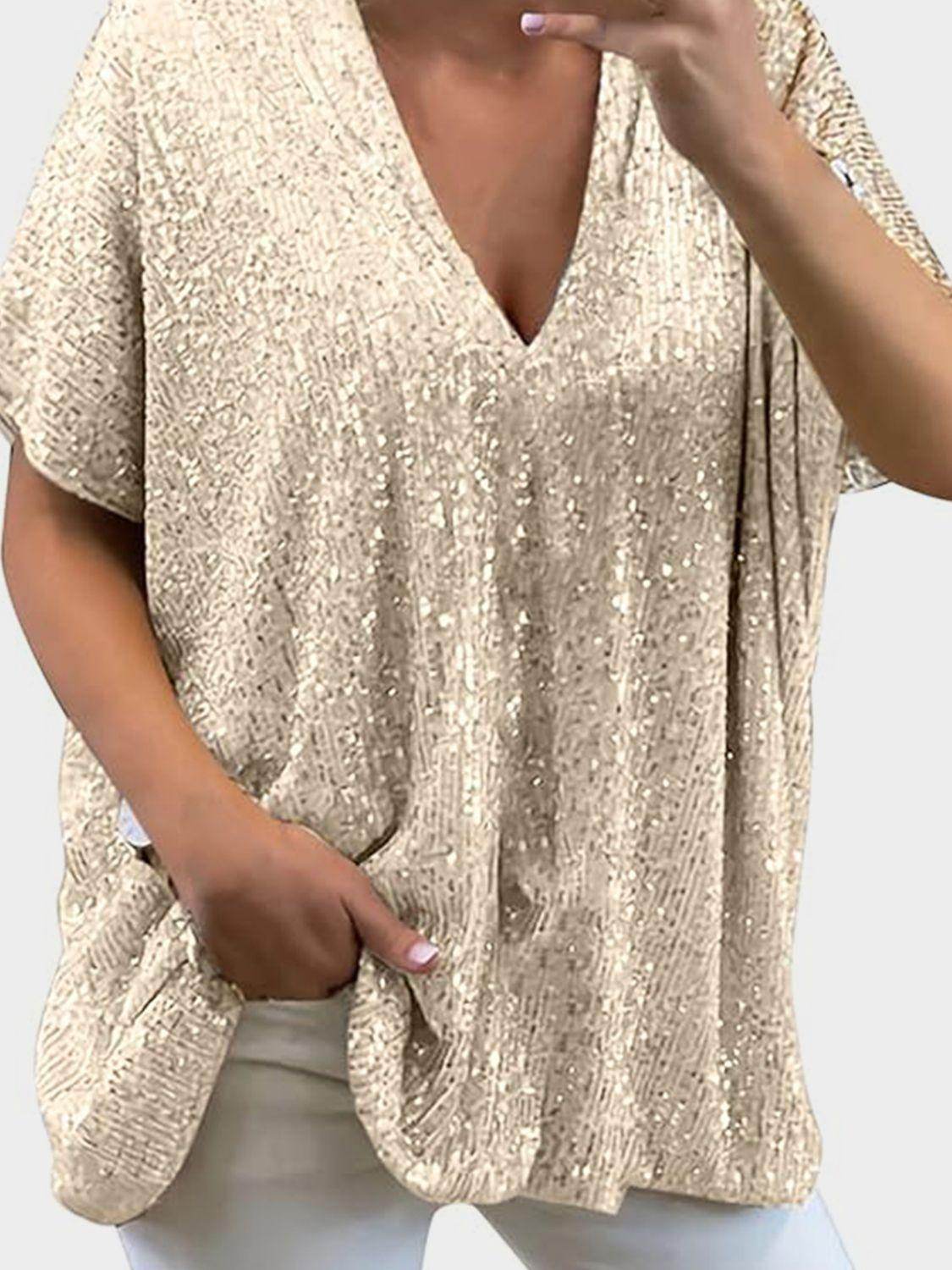 Full Size Sequin V-Neck Short Sleeve Top for Women - Selvanelle
