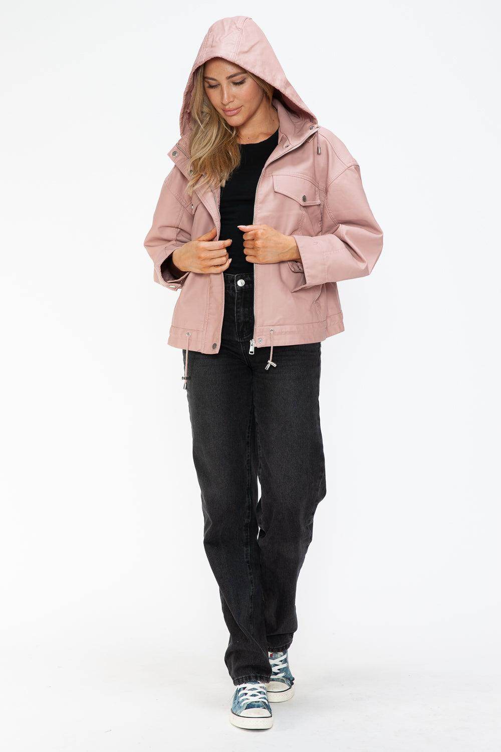 How Dare U Drawstring Hem PU Leather Zip Up Jacket for Women - Selvanelle