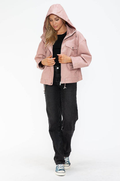 How Dare U Drawstring Hem PU Leather Zip Up Jacket for Women - Selvanelle