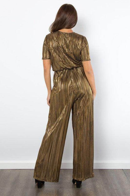 Be Stage Surplice Short Sleeve Pleated Foil Jumpsuit - Selvanelle