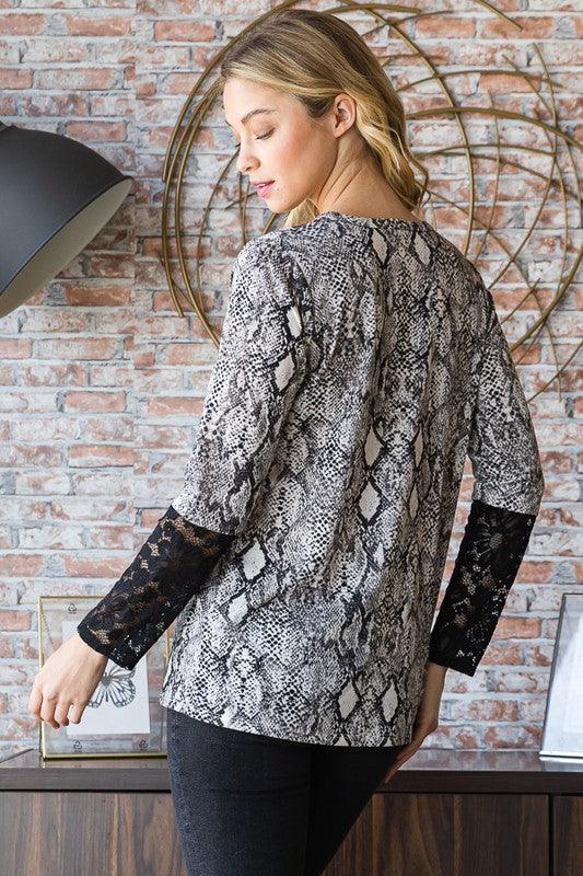 Heimish Full Size Snakeskin Print Round Neck Lace Top