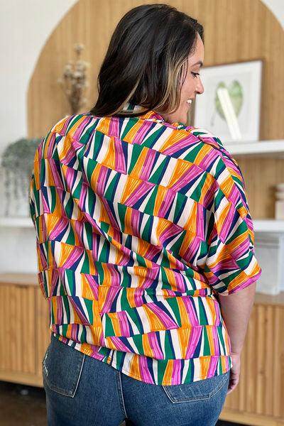 Double Take Full Size Geometric Notched Dolman Sleeve Top - Selvanelle