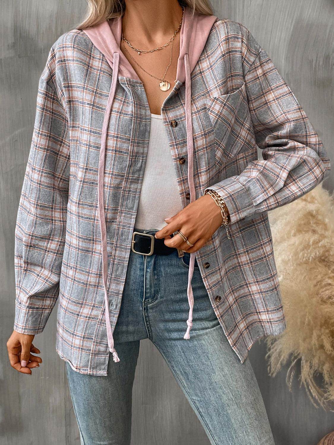 Plaid Long Sleeve Hooded Jacket for Women with Pockets - Selvanelle