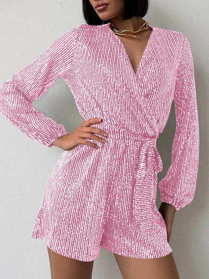 Full Size Sequin Surplice Tie Waist Long Sleeve Romper - Selvanelle