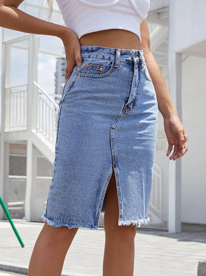 Raw Hem Slit Denim Skirt for Trendy Casual Wear - Selvanelle