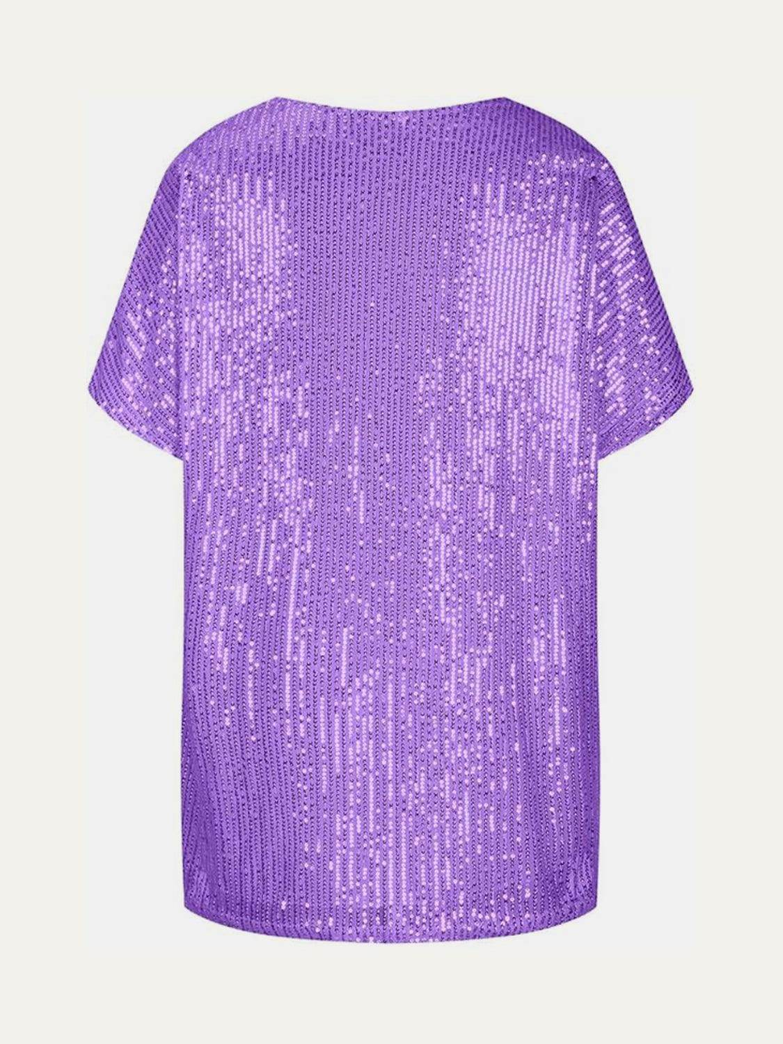 Full Size Sequin V-Neck Short Sleeve Top for Women - Selvanelle