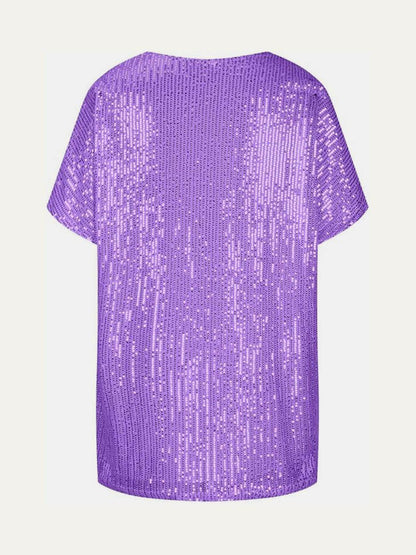 Full Size Sequin V-Neck Short Sleeve Top for Women - Selvanelle