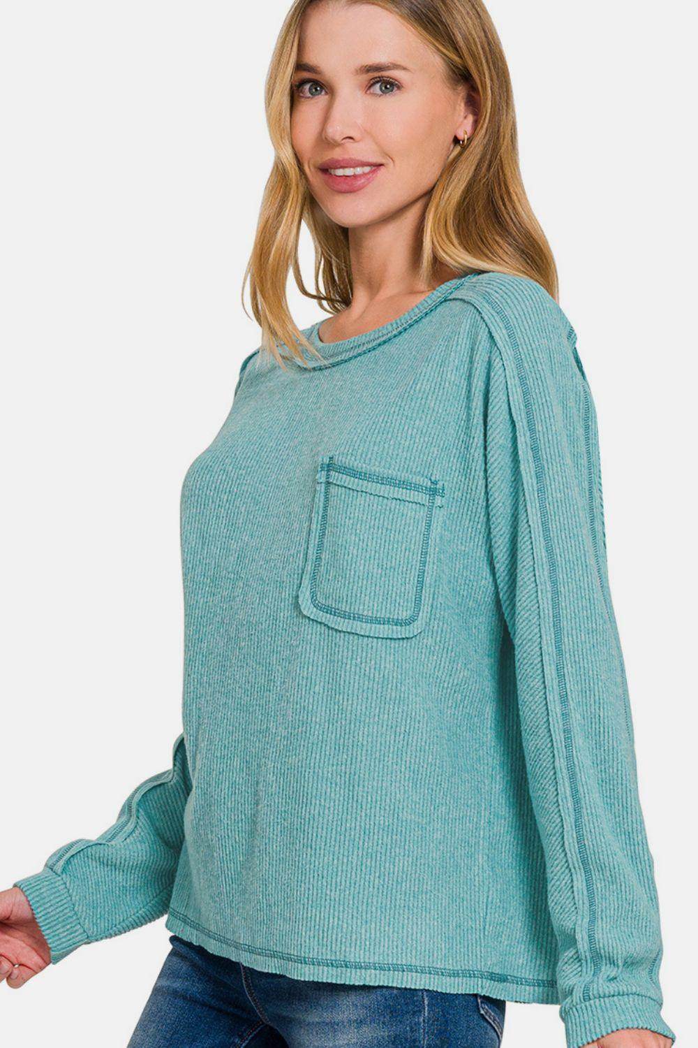 Zenana Full Size Contrast Stitching Brushed Ribbed Hacci Knit Top Plus Size - Selvanelle