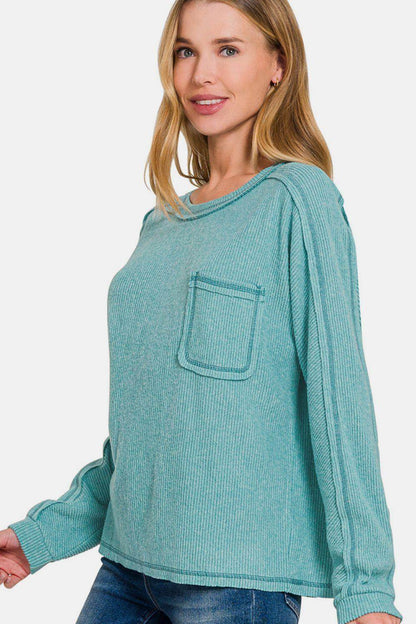Zenana Full Size Contrast Stitching Brushed Ribbed Hacci Knit Top Plus Size - Selvanelle