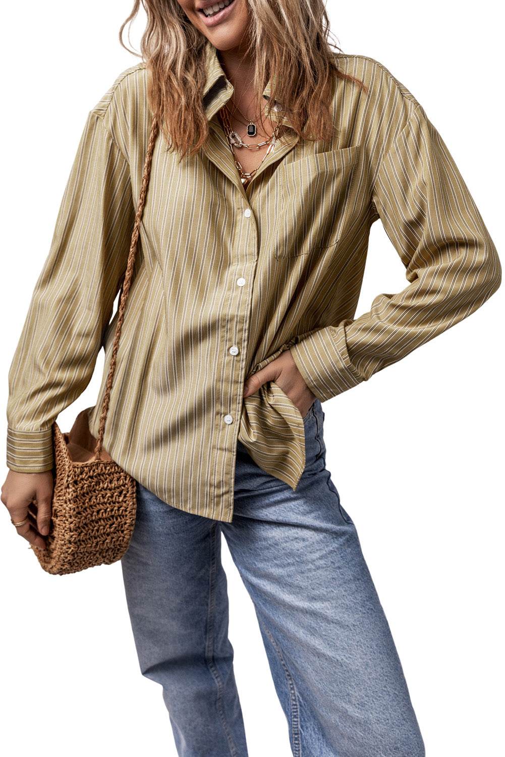 Striped Button Up Long Sleeve Shirt - Selvanelle