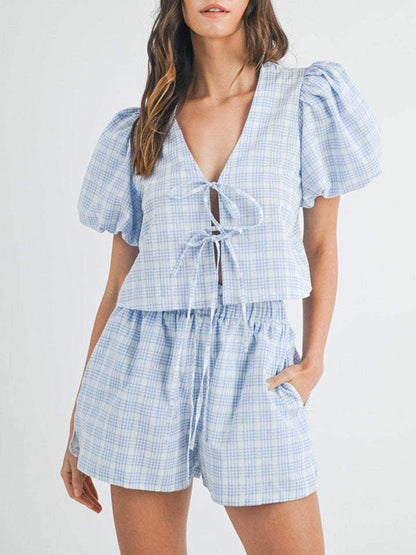 V-Neck Puff Sleeve Top and Shorts Set for Women Fashion - Selvanelle
