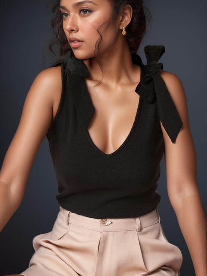 V-Neck Tie Shoulder Tank Top for Women with Stretch Fabric - Selvanelle