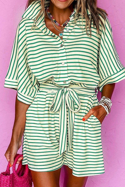 Striped Half Sleeve Tie Waist Romper - Selvanelle