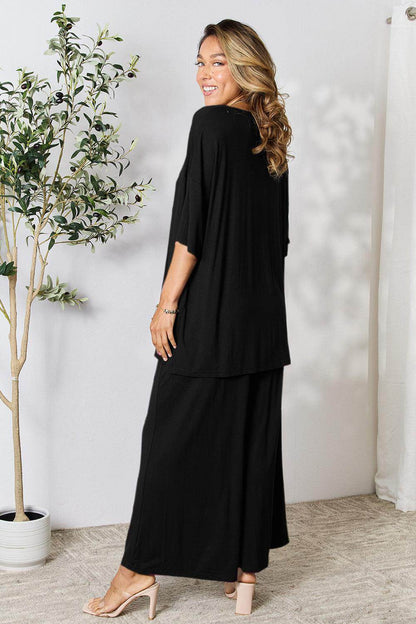 Double Take Full Size Round Neck Slit Top and Pants Set - Selvanelle