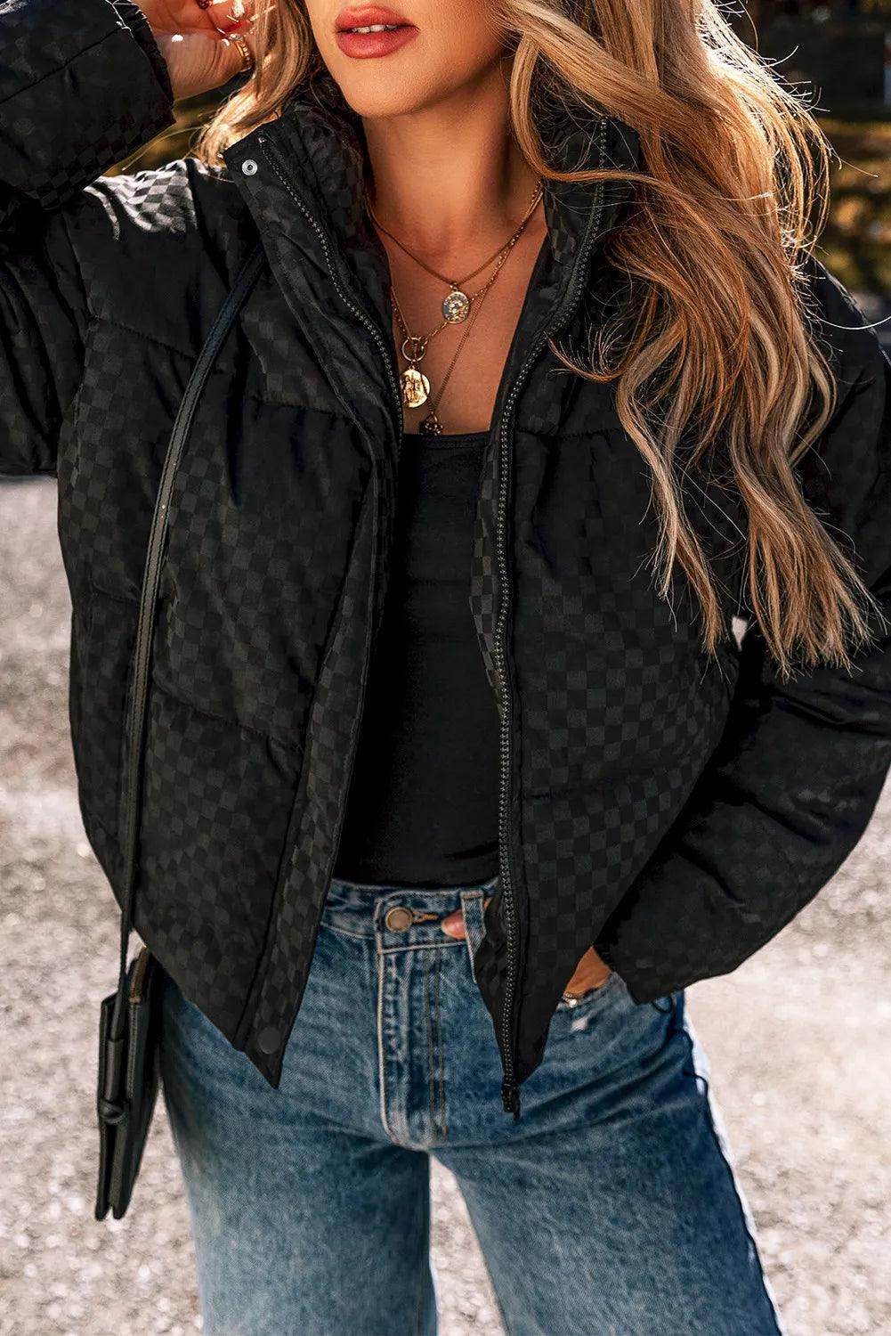 Checkered Turtleneck Zip Up Long Sleeve Winter Coat Style - Selvanelle