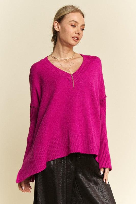 Davi & Dani Ribbed Side Slit V-Neck Sweater for Women