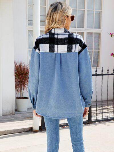 Pocketed Plaid Snap Down Denim Jacket for Stylish Wear - Selvanelle