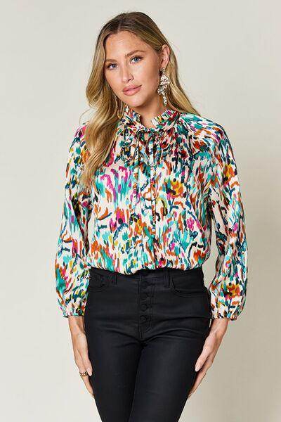 Double Take Full Size Printed Button Up Long Sleeve Shirt - Selvanelle