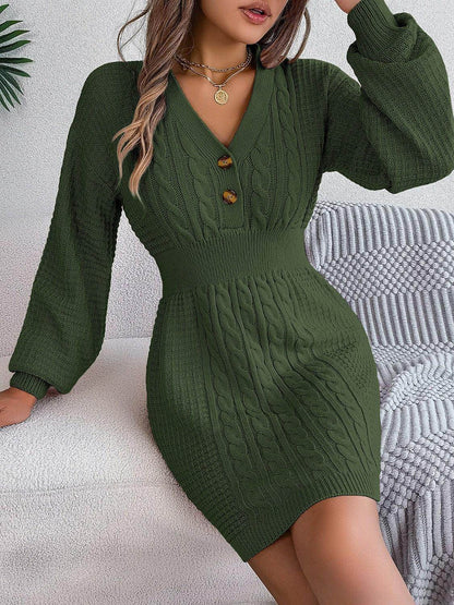 Buttoned Cable-Knit V-Neck Sweater Dress for Women - Selvanelle