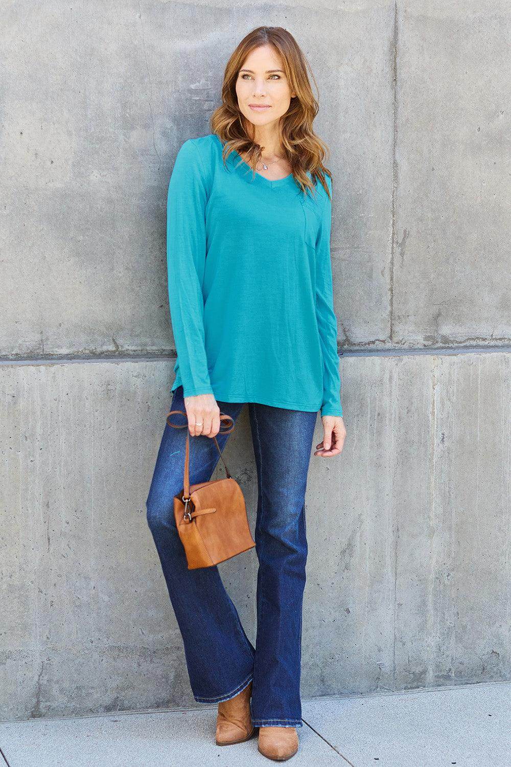 Basic Bae Full Size V-Neck Long Sleeve Top for Women - Selvanelle