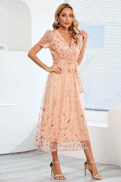 Sequin Leaf Embroidery Tie Front Short Sleeve Dress for Women - Selvanelle