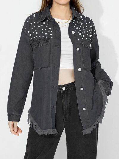 Raw Hem Pearl Trim Collared Neck Denim Top for Women - Selvanelle