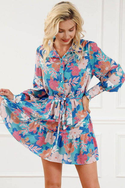 Floral Tie Waist Lantern Sleeve Ruffled Hem Mini Dress - Selvanelle
