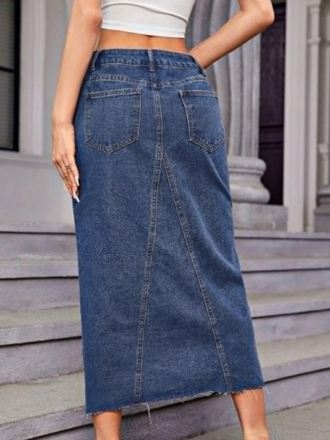 Slit Midi Denim Skirt with Pockets for Women Fashion