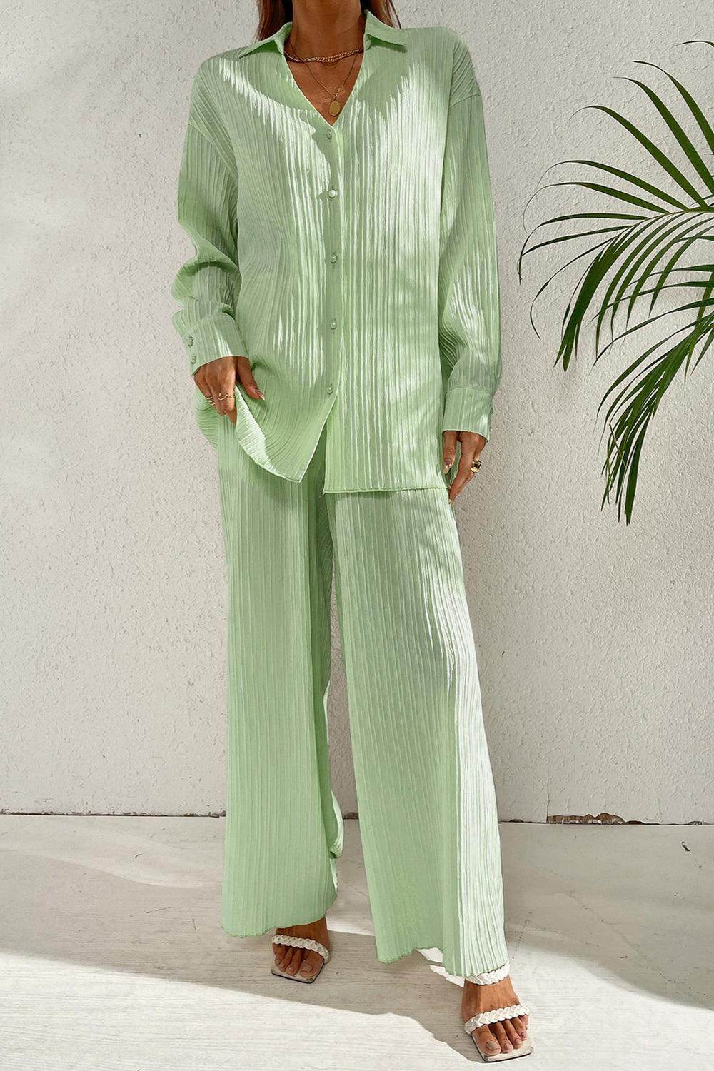 Johnny Collar Button Down Top and Pants Set for Women - Selvanelle