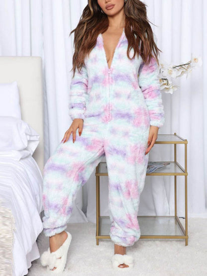 Printed Zip Up Long Sleeve Hooded Lounge Jumpsuit - Selvanelle