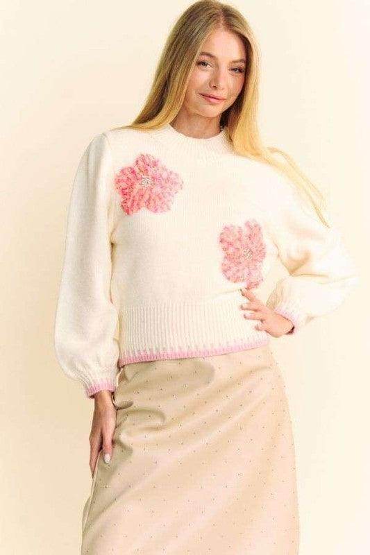 Davi & Dani Flower Patch Fuzzy Mock Neck Sweater Cozy - Selvanelle