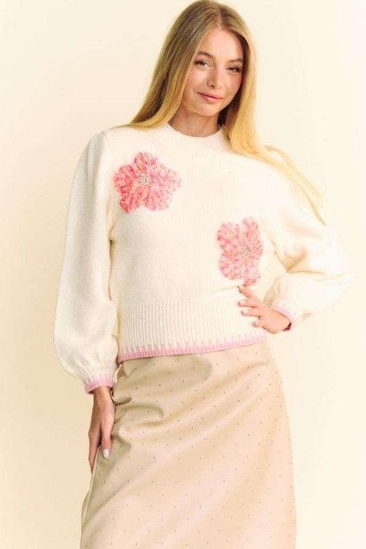 Davi & Dani Flower Patch Fuzzy Mock Neck Sweater Cozy