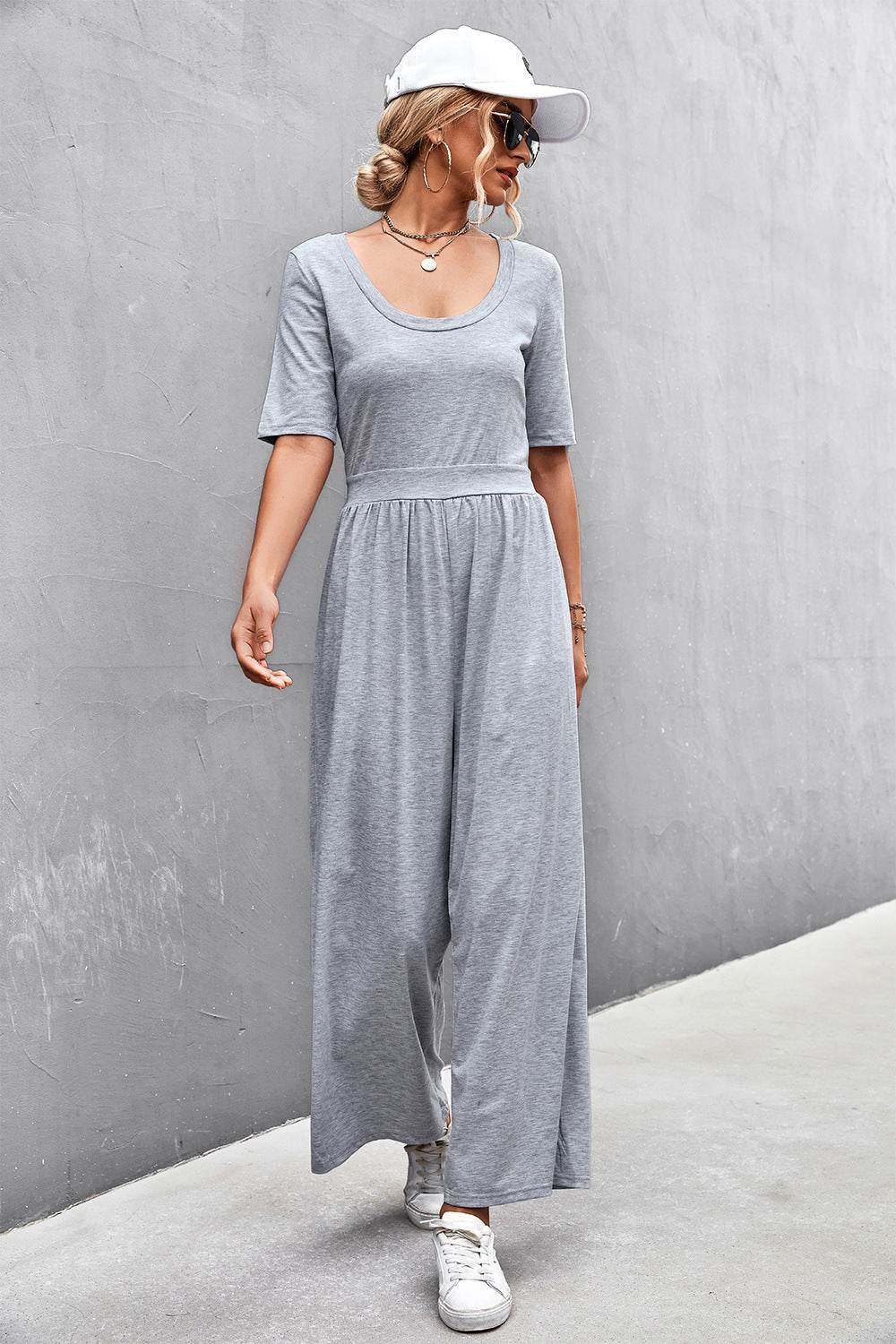 Scoop Neck Half Sleeve Wide Leg Jumpsuit - Selvanelle