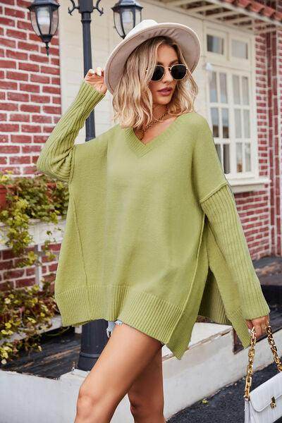 Slit V-Neck Dropped Shoulder Sweater for Effortless Style - Selvanelle
